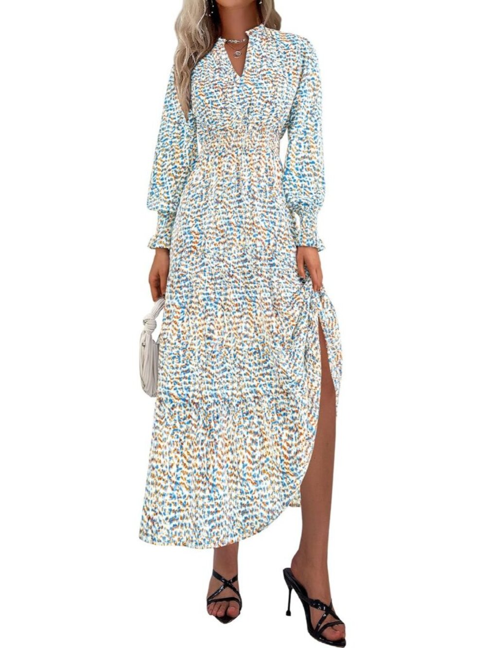 PrettyGarden Women's Blue White Plaid Stylish Neck A Line Flowy Maxi Long Dress